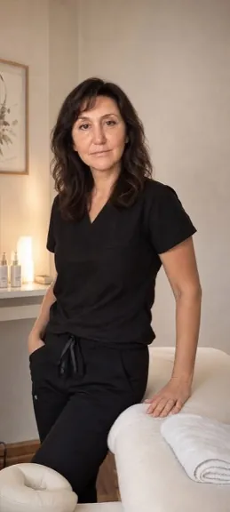 The therapist and founder of One Touch Wellness standing beside a treatment couch in the studio